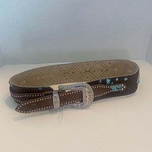 Brown Leather Cow Hide Western Embellished Studs Belt Decorative Silver Buckle